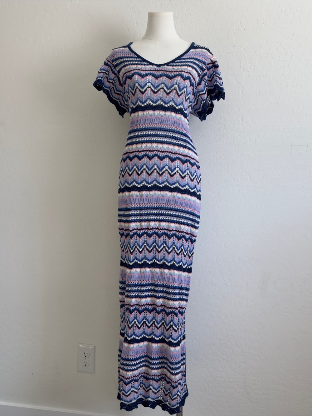 Jessica Simpson Navy, Light Blue & Pink Striped Chevron Maxi Dress